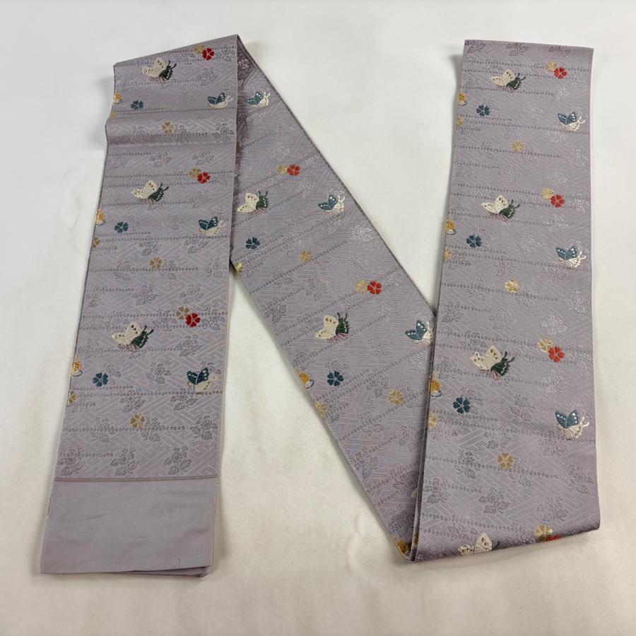 半幅帯 名品 証紙あり 蝶 桜 金糸 箔 灰紫 正絹 中古_4