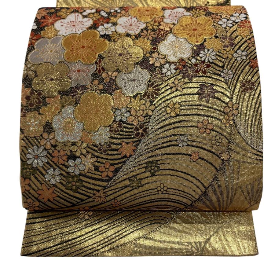 袋帯 秀品 梅 花 金銀糸 箔 金色 六通 正絹 中古 : リユースセレクト 