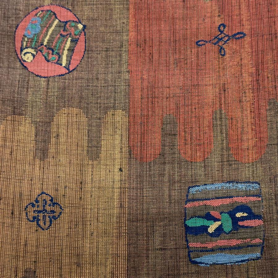 美品 袋帯 秀品 反物 花 金糸 茶色 六通 正絹 中古 : リユースセレクト 