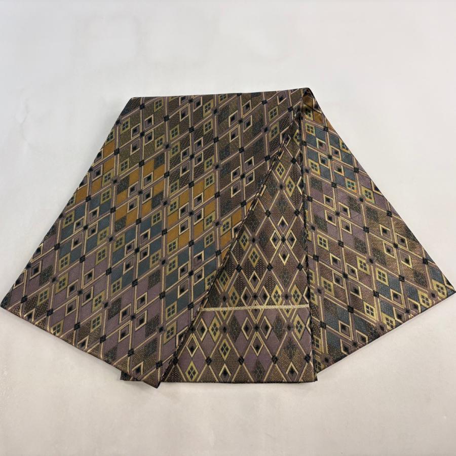 美品 袋帯 逸品 誉田屋源兵衛 落款あり 七彩佐賀千菱 菱 菱格子 箔 灰紫 お太鼓柄 正絹 中古