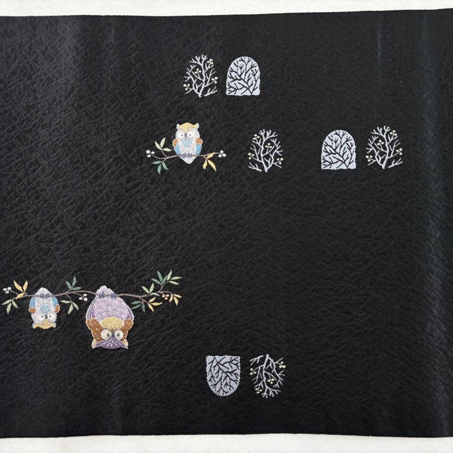 美品 袋帯 逸品 森のつどい ふくろう 止まり木 黒 お太鼓柄 正絹 中古_2