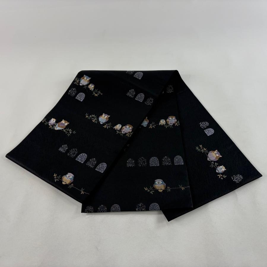 美品 袋帯 逸品 森のつどい ふくろう 止まり木 黒 お太鼓柄 正絹 中古_6