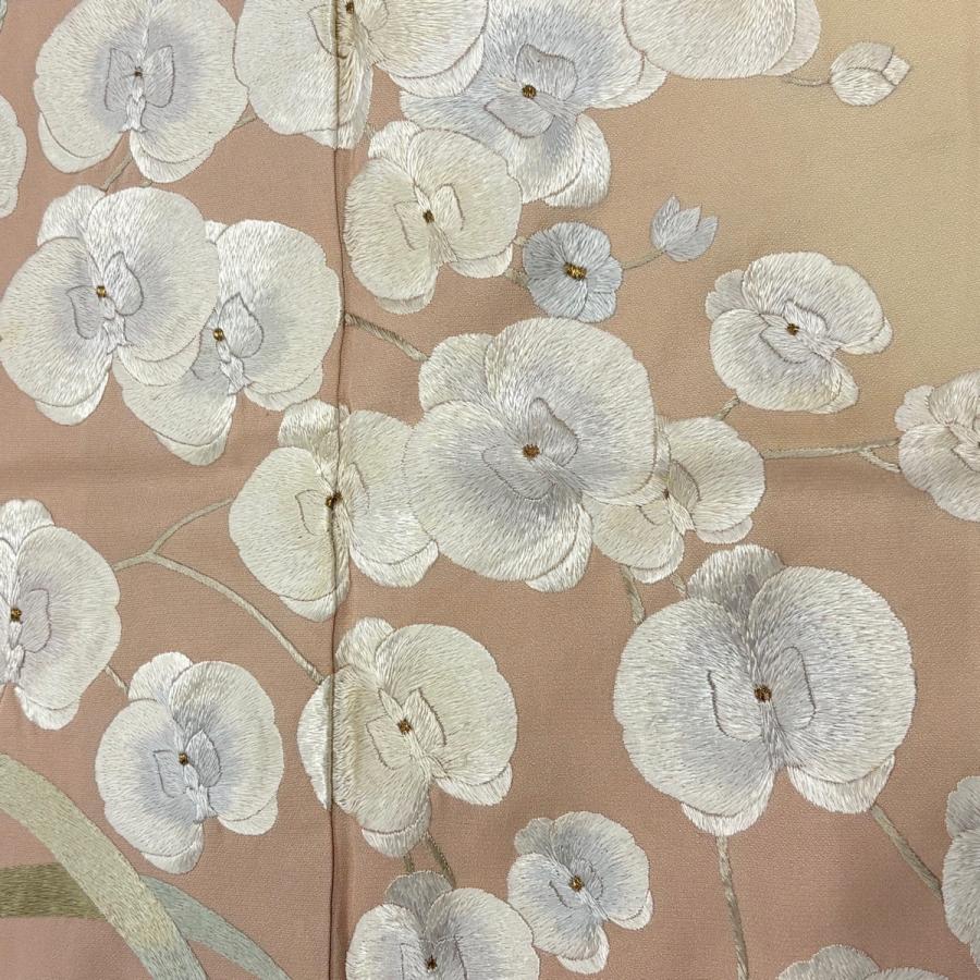 訪問着 身丈167.5cm 裄丈68cm L 袷 日本刺繍 胡蝶蘭 刺繍 金糸 ピンクベージュ 正絹 逸品 中古