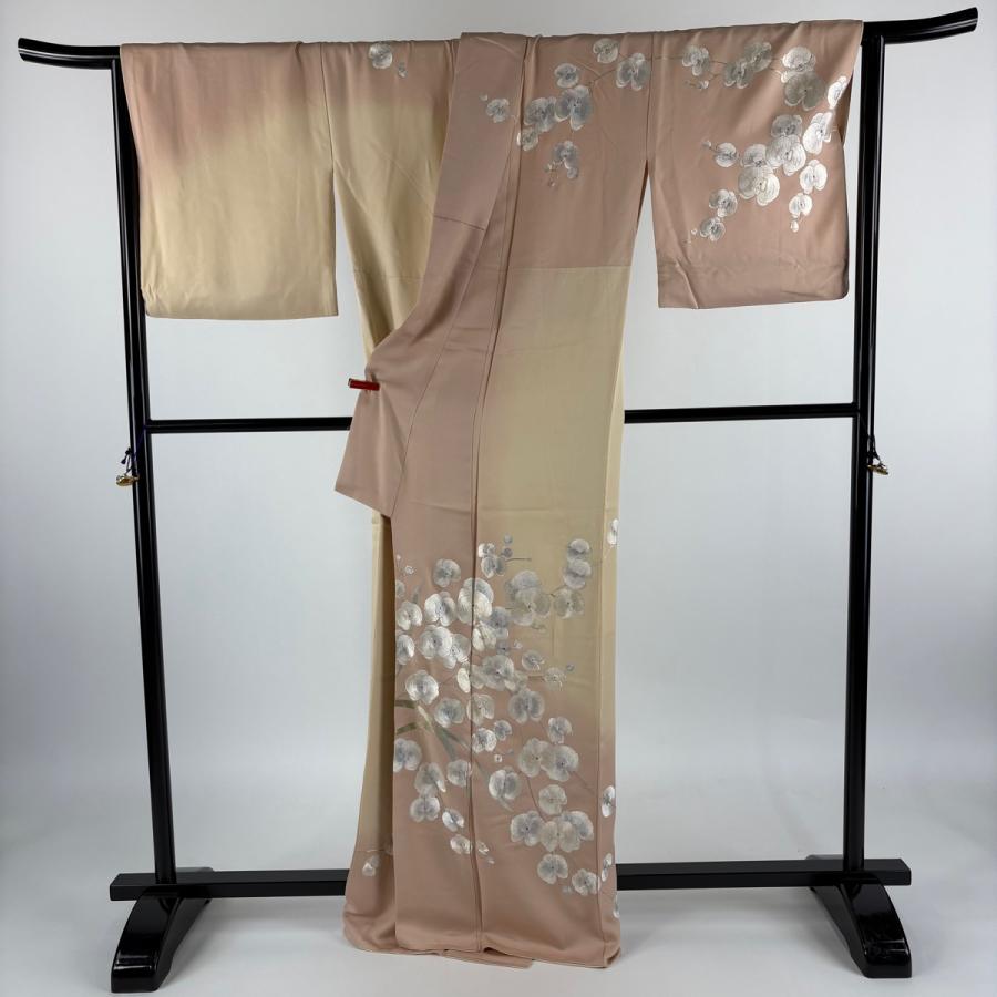 訪問着 身丈167.5cm 裄丈68cm L 袷 日本刺繍 胡蝶蘭 刺繍 金糸 ピンクベージュ 正絹 逸品 中古