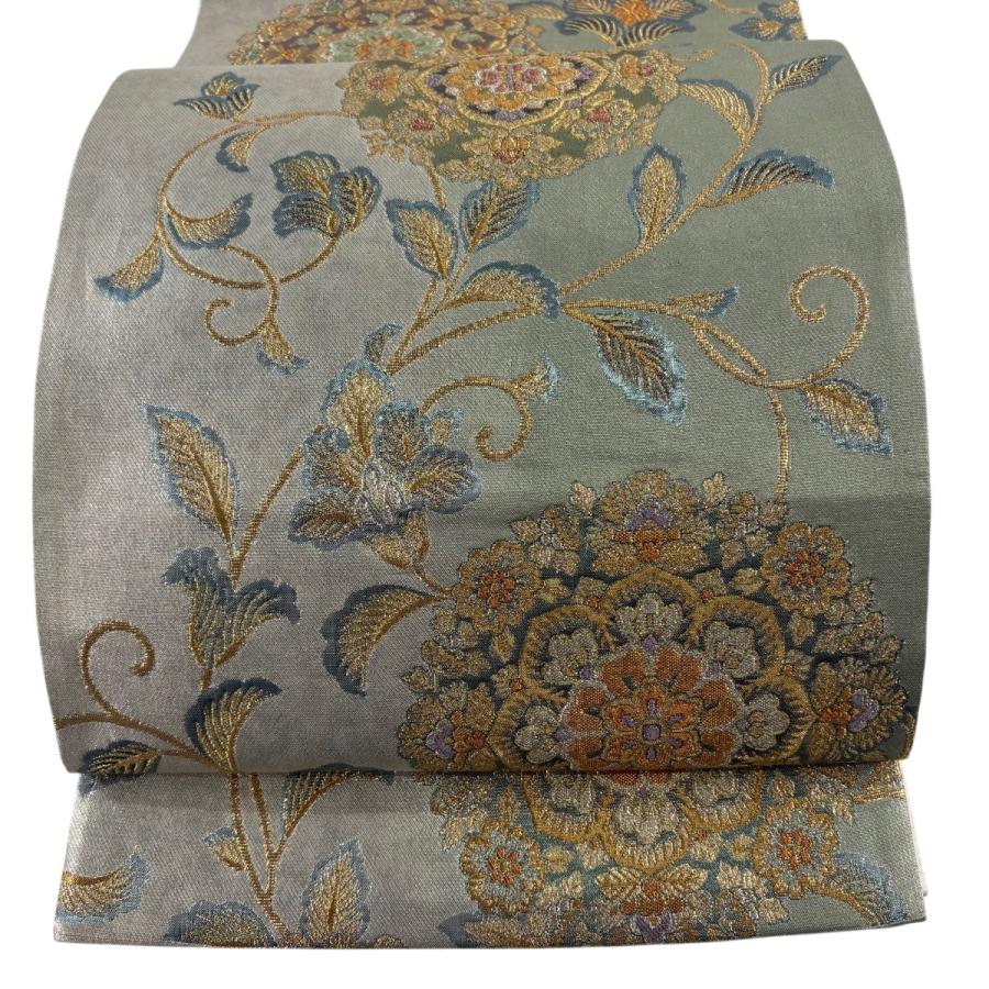 美品 袋帯 秀品 菊 萩 唐織 箔 茶緑色 六通 正絹 中古 袋帯 美品 秀品 六通 正絹 | PIOUSTEC.COM 