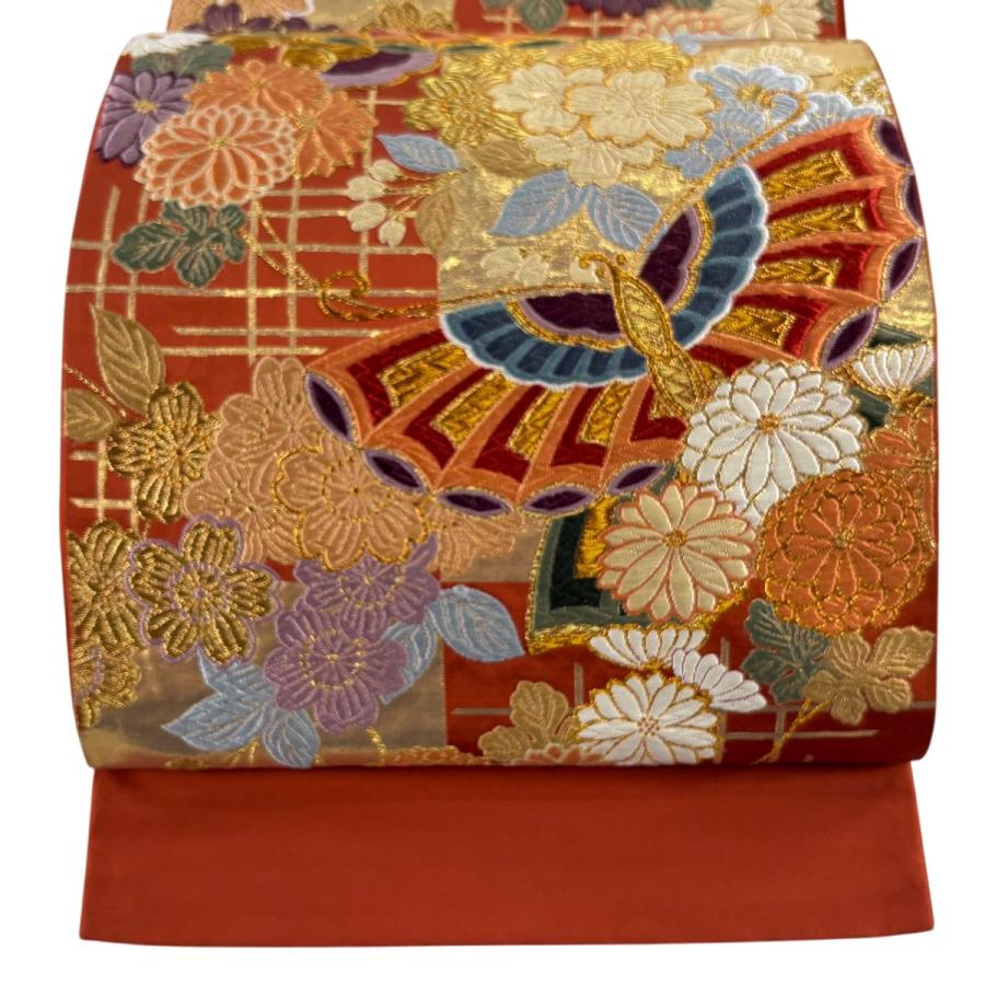 美品 袋帯 秀品 菊 萩 唐織 箔 茶緑色 六通 正絹 中古 袋帯 美品 秀品 六通 正絹 | PIOUSTEC.COM