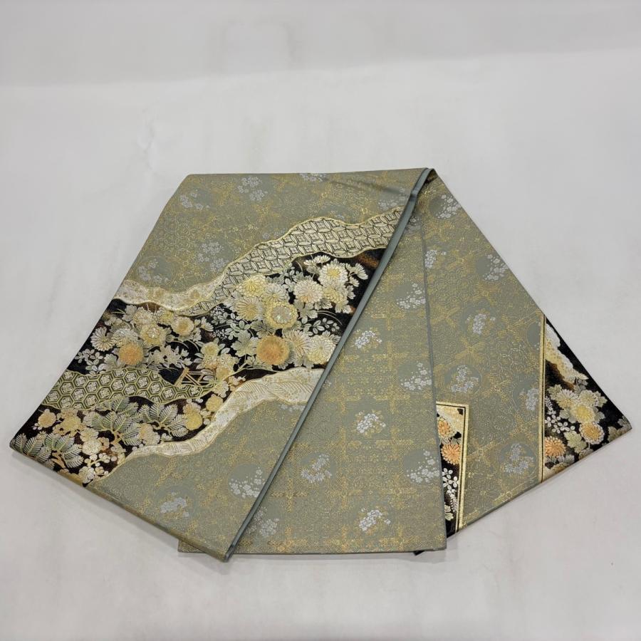 美品 袋帯 秀品 道長取り 秋草 金銀彩 螺鈿 灰緑 お太鼓柄 正絹 中古 