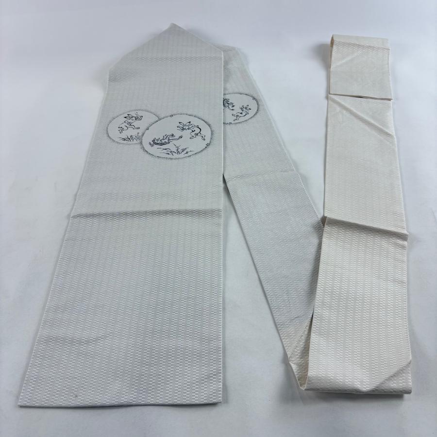 名古屋帯 逸品 鳥獣戯画 白 正絹 中古 : リユースセレクトショップ