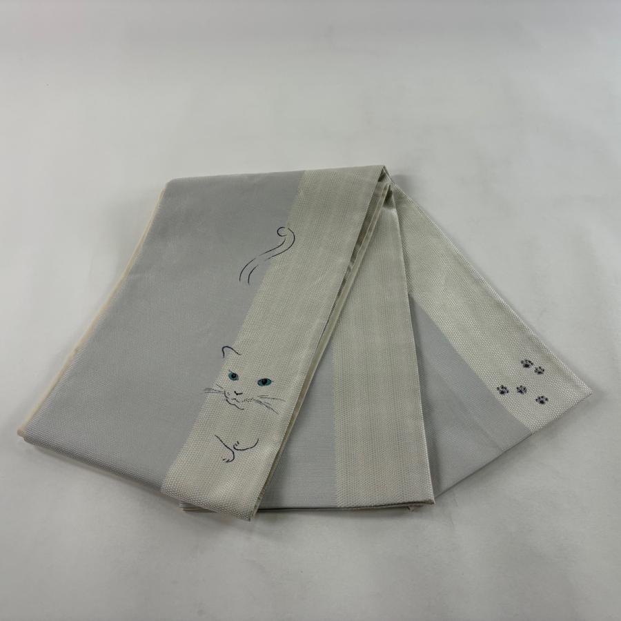 袋帯 逸品 猫 銀糸 灰色 お太鼓柄 正絹 中古_6