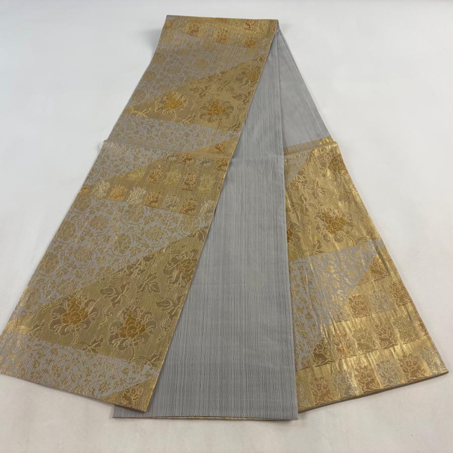 袋帯 逸品 紋屋井関 落款あり 御寮織 花唐草 花うさぎ 金糸 箔 灰色 六通 正絹 中古_6