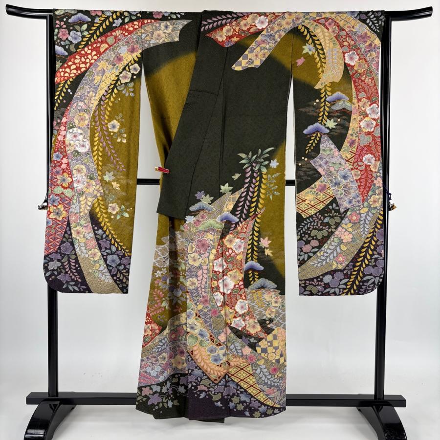 振袖 身丈159cm 裄丈65.5cm M 袷 辻が花柄 熨斗 銀通し 金銀彩 茶緑色 