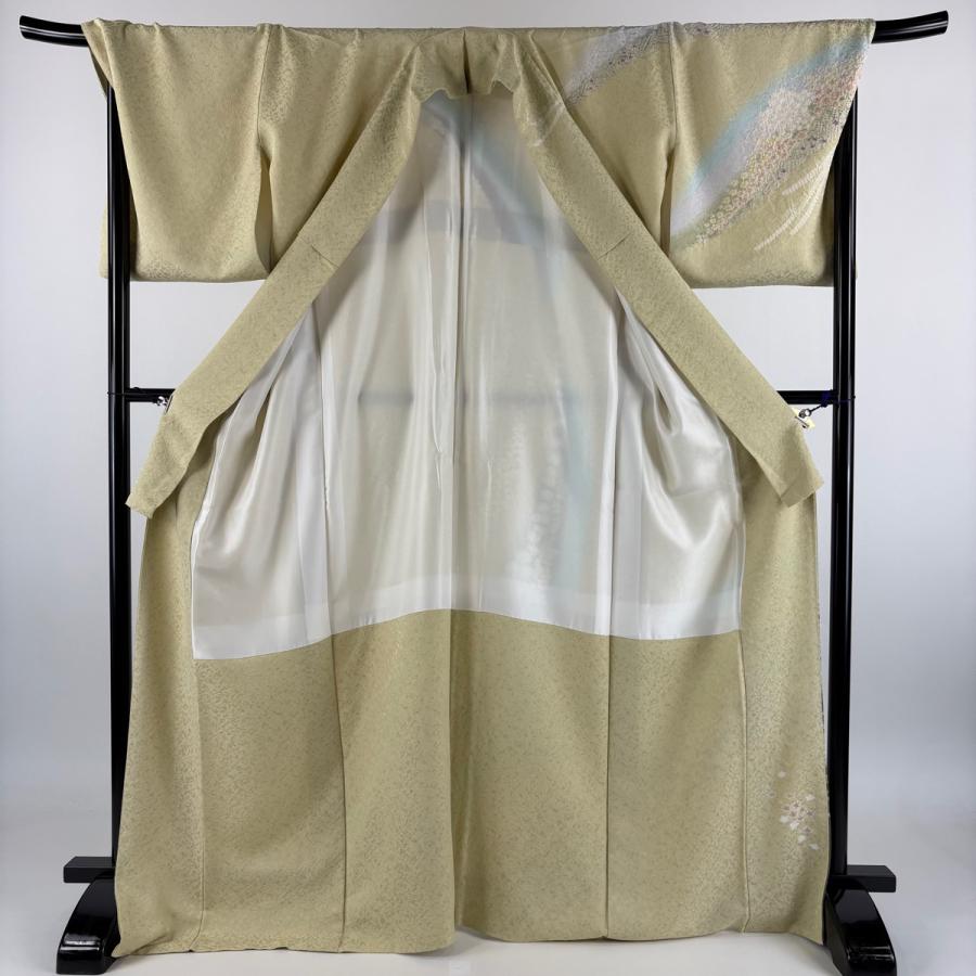 訪問着 身丈171cm 裄丈72cm L 袷 草花 銀通し 絞り 薄黄 正絹 逸品 中古