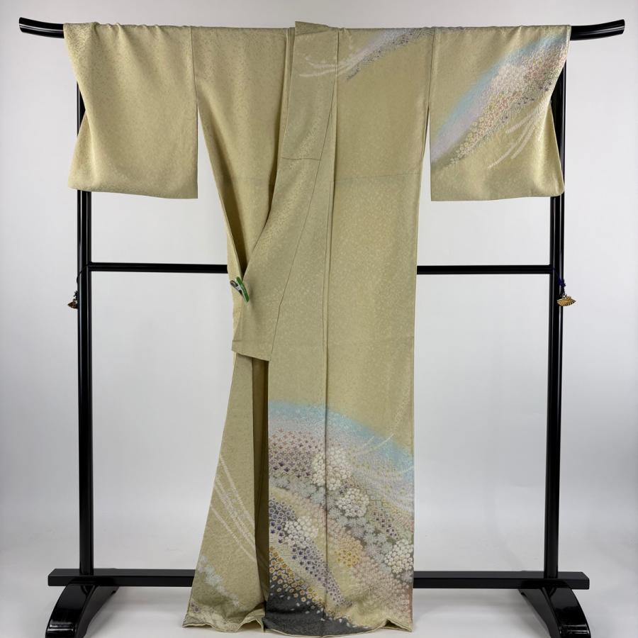 訪問着 身丈171cm 裄丈72cm L 袷 草花 銀通し 絞り 薄黄 正絹 逸品 中古