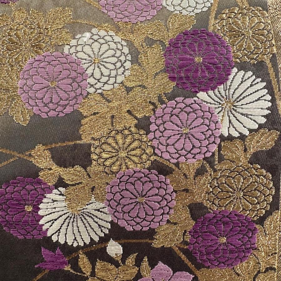 美品 袋帯 逸品 帝王紫 落款あり 秋草蒔絵献上文 金糸 箔 焦茶色