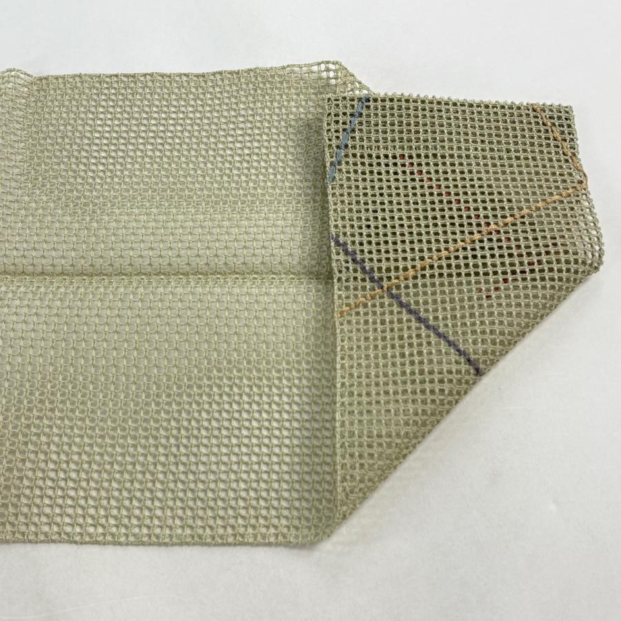 名古屋帯 秀品 夏帯 羅織 八寸名古屋帯 松葉仕立て 幾何学 薄緑 正絹 