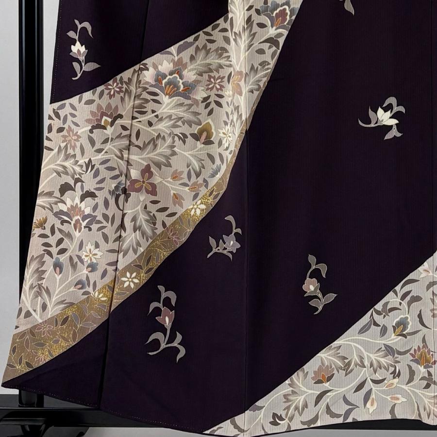 訪問着 身丈154cm 裄丈69cm L 袷 岩下志麻 落款あり 草花 金彩 染め分け 紫 正絹 逸品 中古