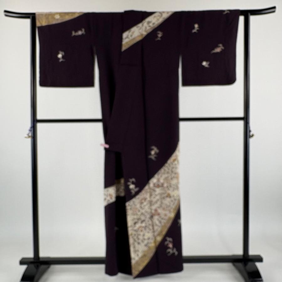 訪問着 身丈154cm 裄丈69cm L 袷 岩下志麻 落款あり 草花 金彩 染め分け 紫 正絹 逸品 中古