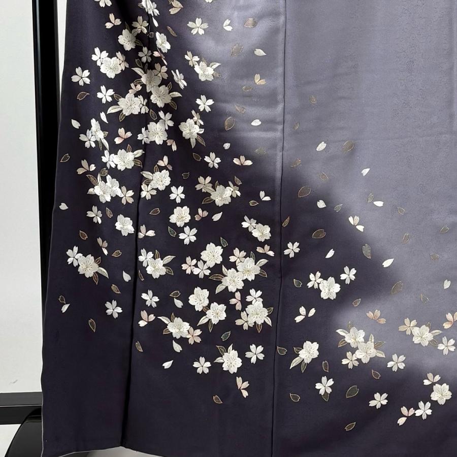 訪問着 身丈166.5cm 裄丈70cm L 袷 桜 花びら 刺繍 金糸 灰紫 正絹 