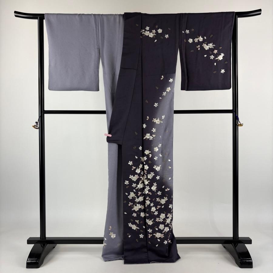 訪問着 身丈166.5cm 裄丈70cm L 袷 桜 花びら 刺繍 金糸 灰紫 正絹 