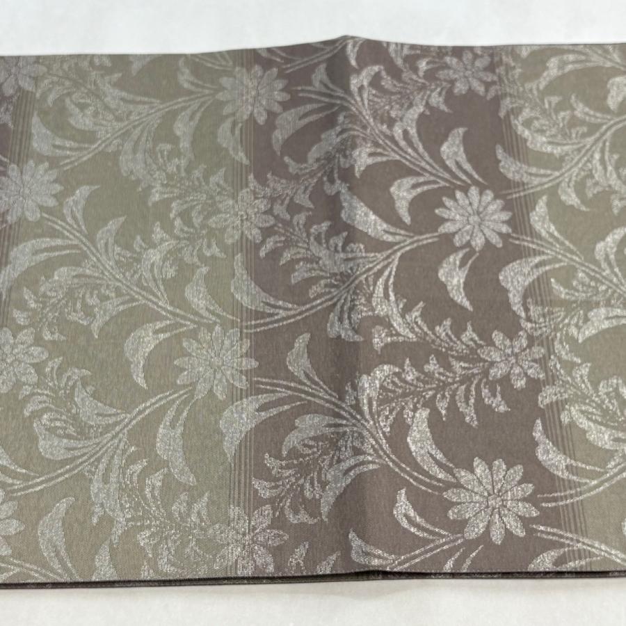 袋帯 逸品 となみ織物 落款あり 総紗縫 段縞 網 箔 青灰色 全通 正絹 中古