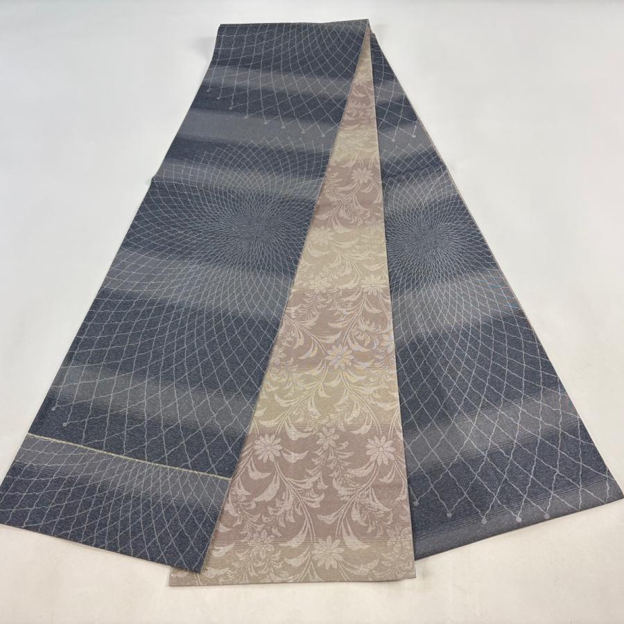 袋帯 逸品 となみ織物 落款あり 総紗縫 段縞 網 箔 青灰色 全通 正絹 中古