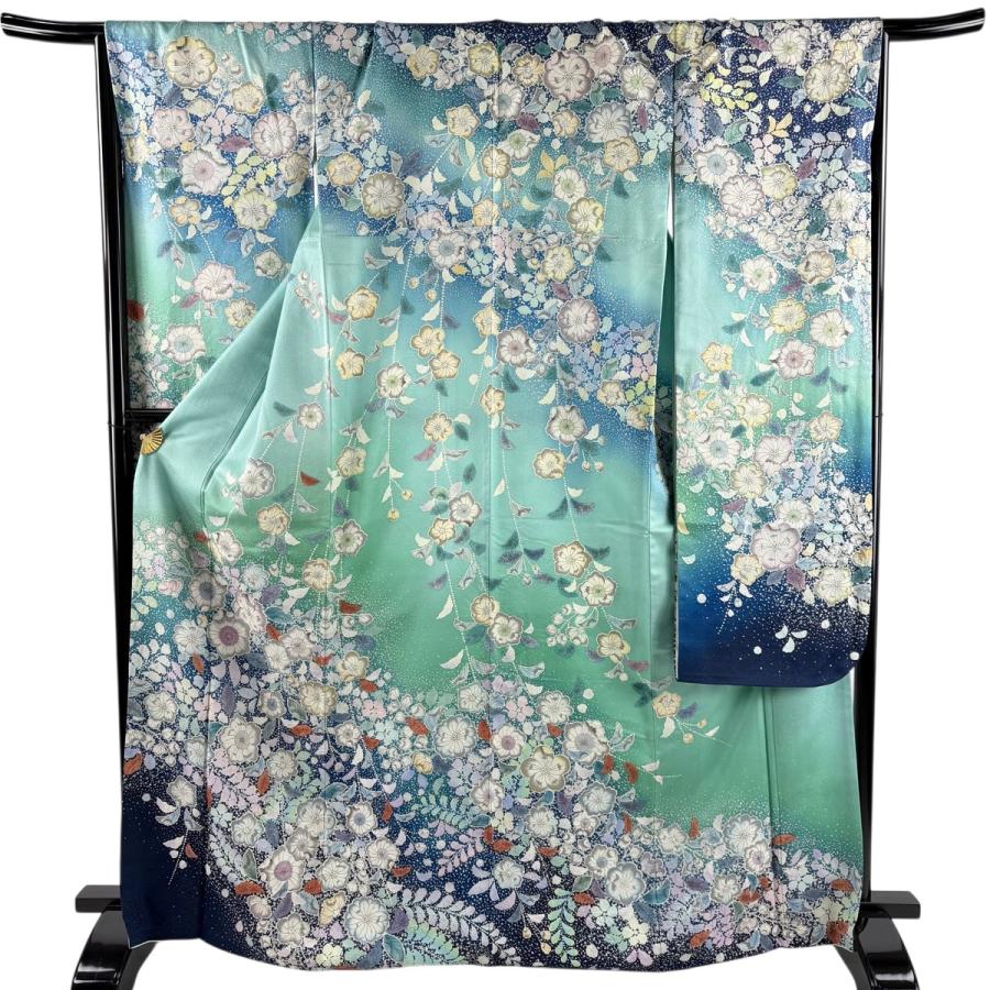 美品 振袖 身丈168cm 裄丈67.5cm L 袷 辻が花 銀通し 染め分け 青緑