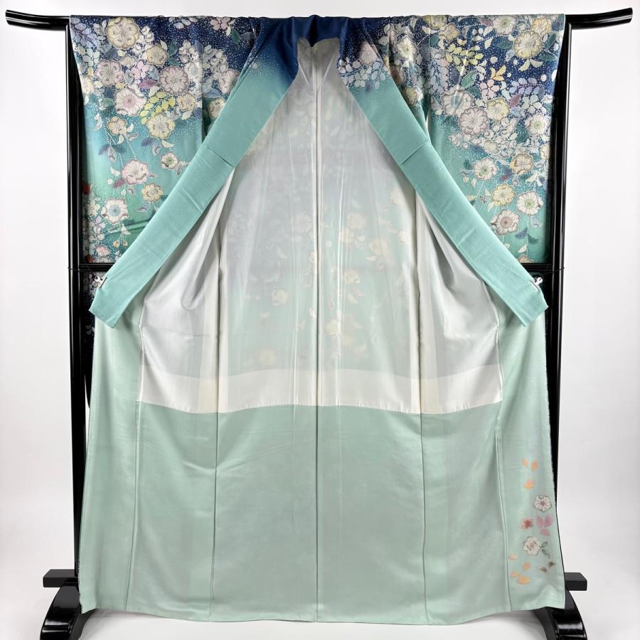 美品 振袖 身丈168cm 裄丈67.5cm L 袷 辻が花 銀通し 染め分け 青緑