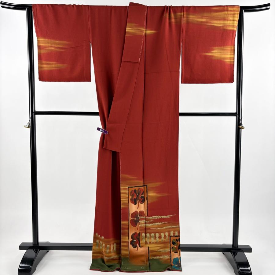 訪問着 身丈169cm 裄丈68cm L 袷 TOKI志すい 落款あり 葉柄 霞 金彩 ぼかし 茜色 正絹 逸品 中古