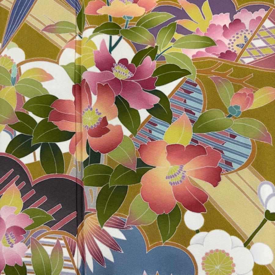 美品 振袖 身丈157.5cm 裄丈63.5cm S 袷 岡村蒼風 落款あり 草花 松竹梅 山吹茶色 正絹 逸品 中古