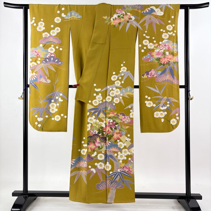 美品 振袖 身丈157.5cm 裄丈63.5cm S 袷 岡村蒼風 落款あり 草花 松竹梅 山吹茶色 正絹 逸品 中古
