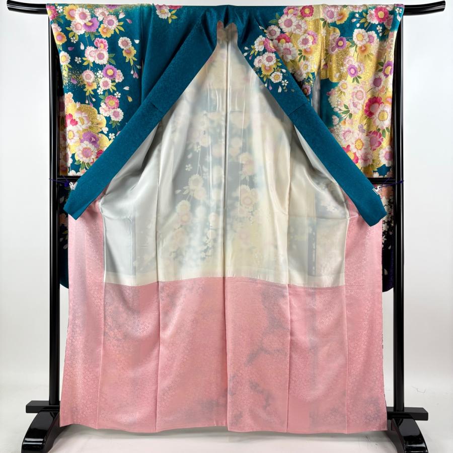 振袖 身丈166.5cm 裄丈70.5cm L 袷 花車 熨斗 銀通し 金彩 緑 正絹