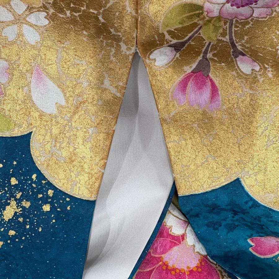 振袖 身丈166.5cm 裄丈70.5cm L 袷 花車 熨斗 銀通し 金彩 緑 正絹
