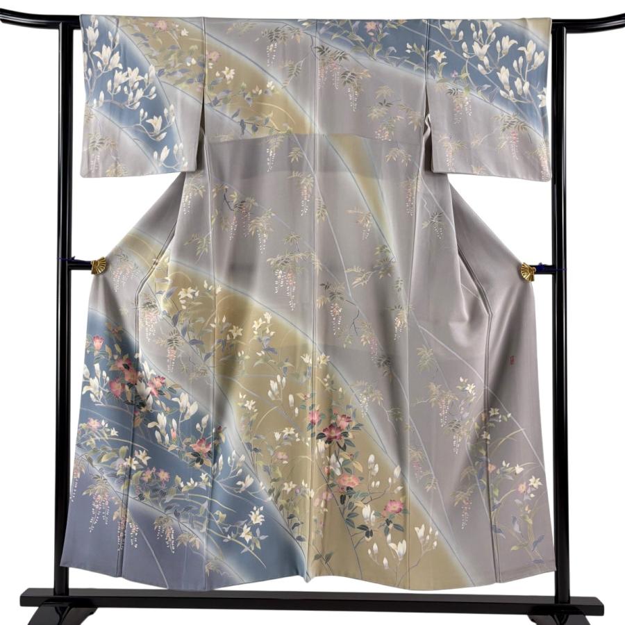 訪問着 身丈158cm 裄丈62cm S 袷 落款あり 松 枝花 ぼかし 灰