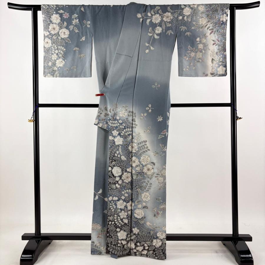 訪問着 身丈165cm 裄丈65cm M 袷 吉乃一廉 落款あり 辻が花 銀通し ぼかし 青灰色 正絹 逸品 中古