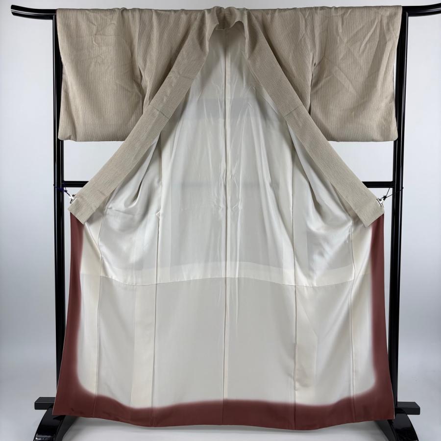 お召 身丈166cm 裄丈65cm M 袷 墨染御召し 縦縞 薄茶色 正絹 逸品 中古