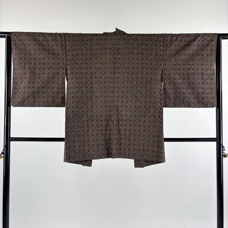 紬 身丈152cm 裄丈64cm M 袷 アンサンブル 幾何学 焦茶色 正絹 逸品 中古