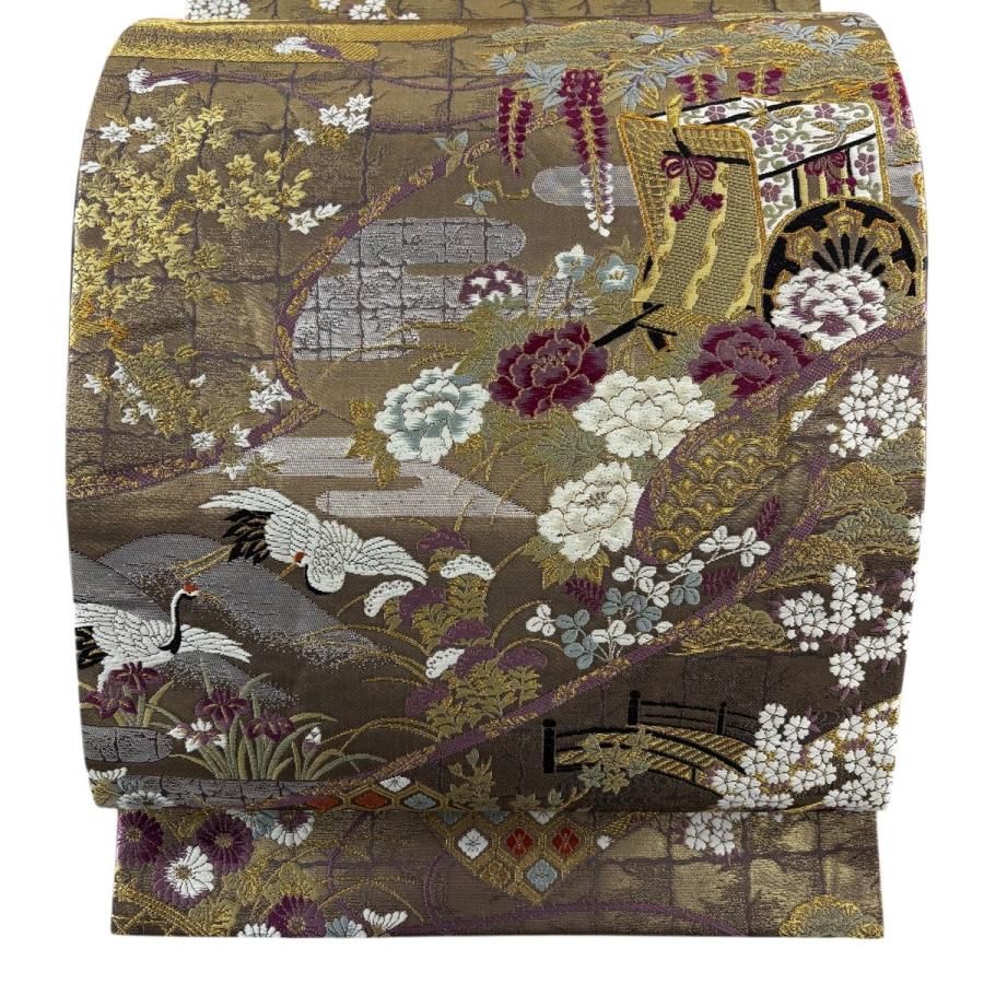 美品 袋帯 名品 御所車 草花 金糸 箔 金茶 六通 正絹 中古 : リユース 