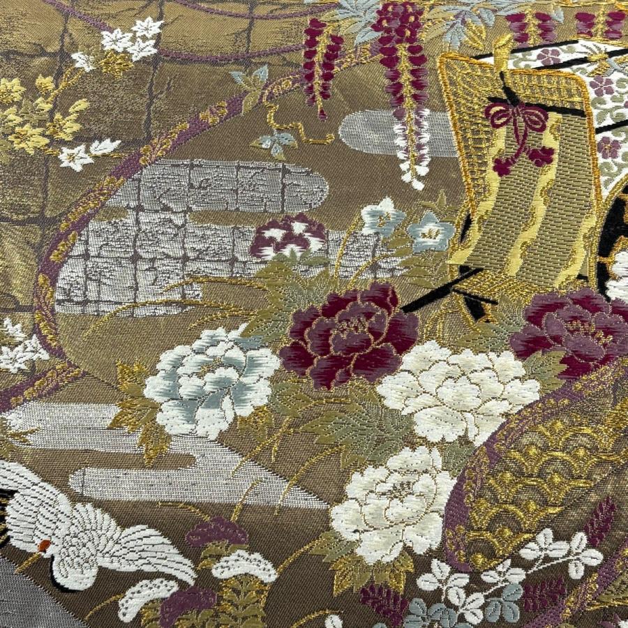 美品 袋帯 名品 御所車 草花 金糸 箔 金茶 六通 正絹 中古 : リユース 