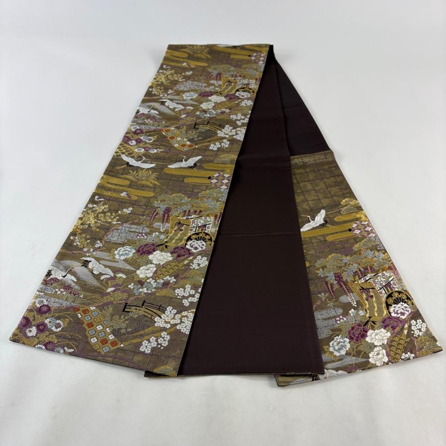 美品 袋帯 名品 御所車 草花 金糸 箔 金茶 六通 正絹 中古 : リユース 