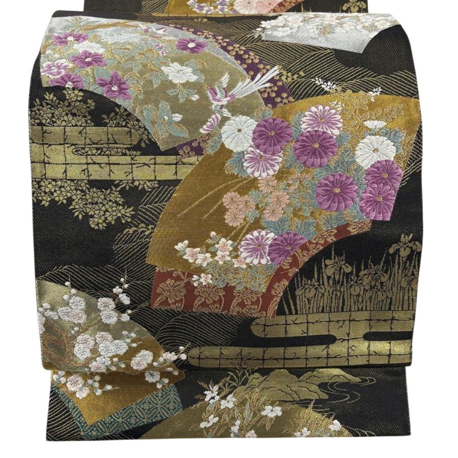 袋帯 名品 じゅらく 落款あり じゅらく帝王紫 扇面 花鳥 金銀糸 箔 黒 