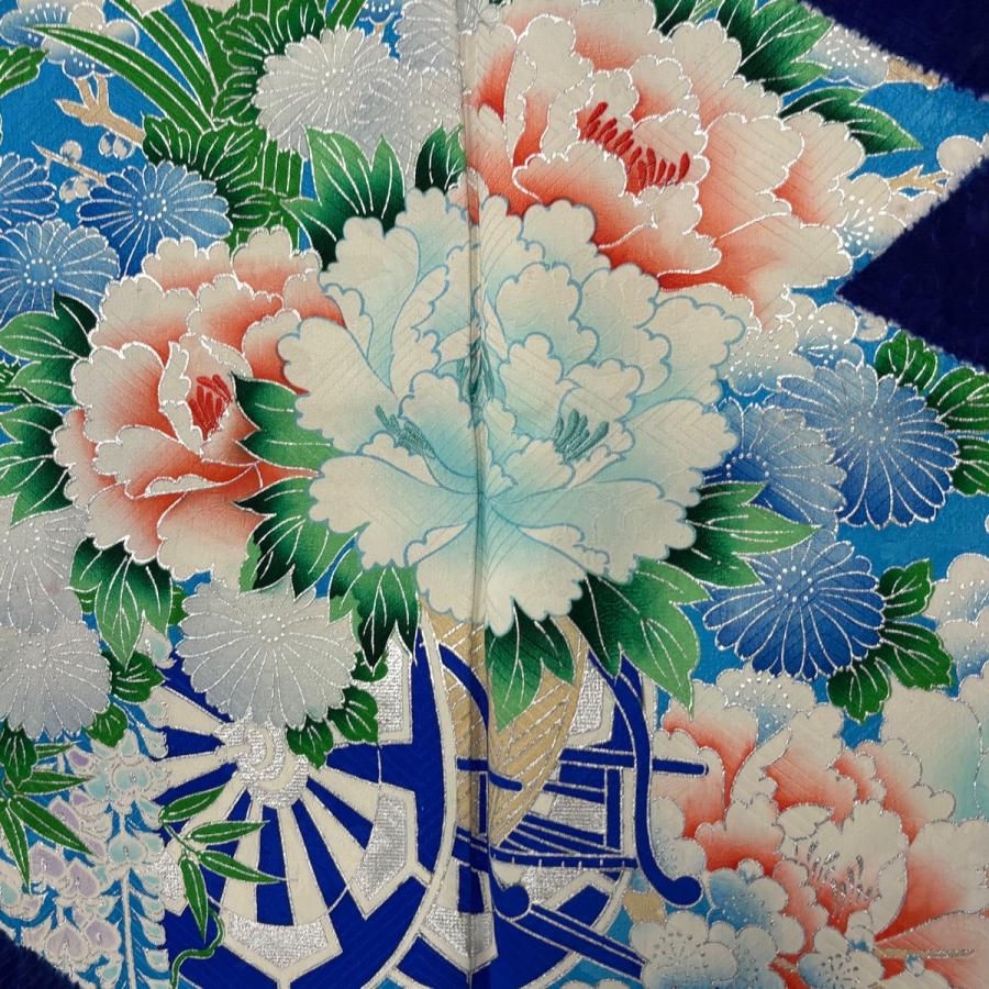 振袖 身丈161.5cm 裄丈67cm M 袷 袋帯フルセット 花車 草花 銀彩 絞り