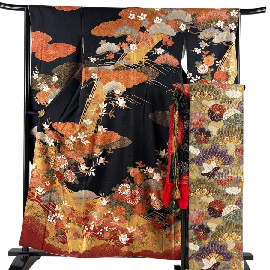 振袖 身丈159cm 裄丈64.5cm M 袷 袋帯フルセット 菊 雲文 金糸 金彩 黒 