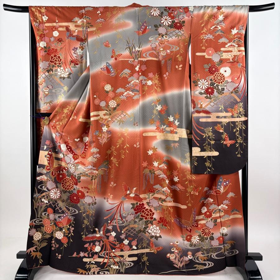 美品 振袖 身丈167.5cm 裄丈67cm M 袷 袋帯フルセット 蝶 草花 金糸 金彩 茜色 正絹 秀品 中古_2