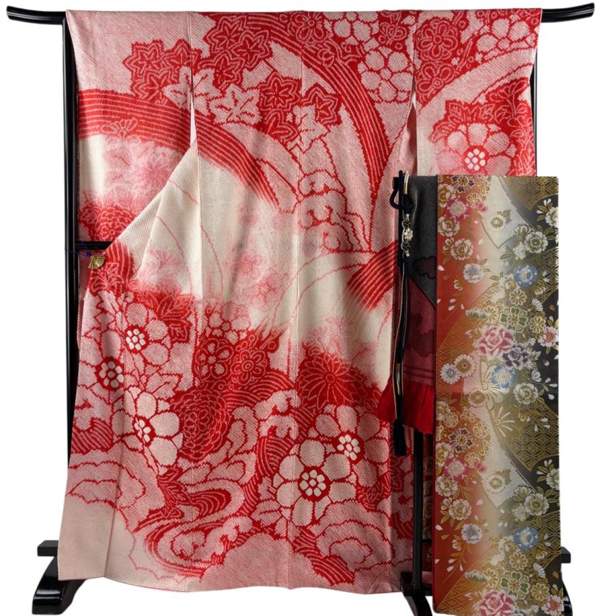 美品 振袖 身丈168.5cm 裄丈68cm L 袷 袋帯フルセット 草花 流水 総