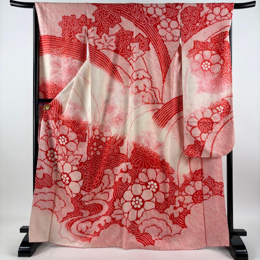 【振袖フルセット】身丈162.5cm 裄丈67.5cm 桜 流水 箔 金彩 赤 美品 振袖 身丈168.5cm 裄丈68cm L 袷 袋帯フルセット 草花 流水 総