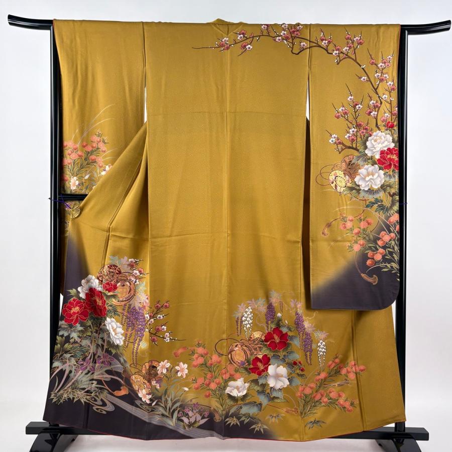 振袖 身丈158.5cm 裄丈64cm M 袷 袋帯フルセット 鼓 牡丹 金彩 ぼかし 黄土色 正絹 秀品 中古_2
