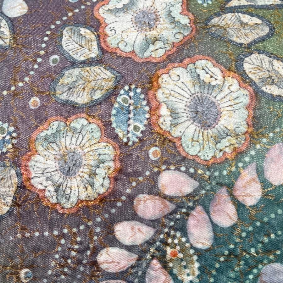 美品 袋帯 名品 落款あり 辻が花 格子 銀糸 箔 薄緑 お太鼓柄 正絹