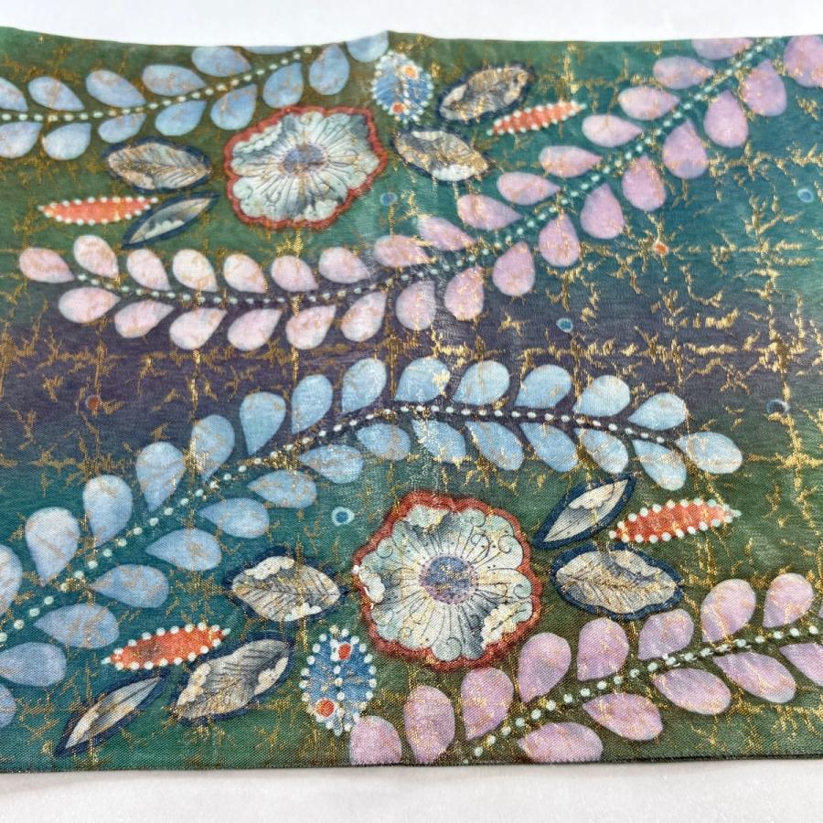 美品 袋帯 名品 落款あり 辻が花 格子 銀糸 箔 薄緑 お太鼓柄 正絹