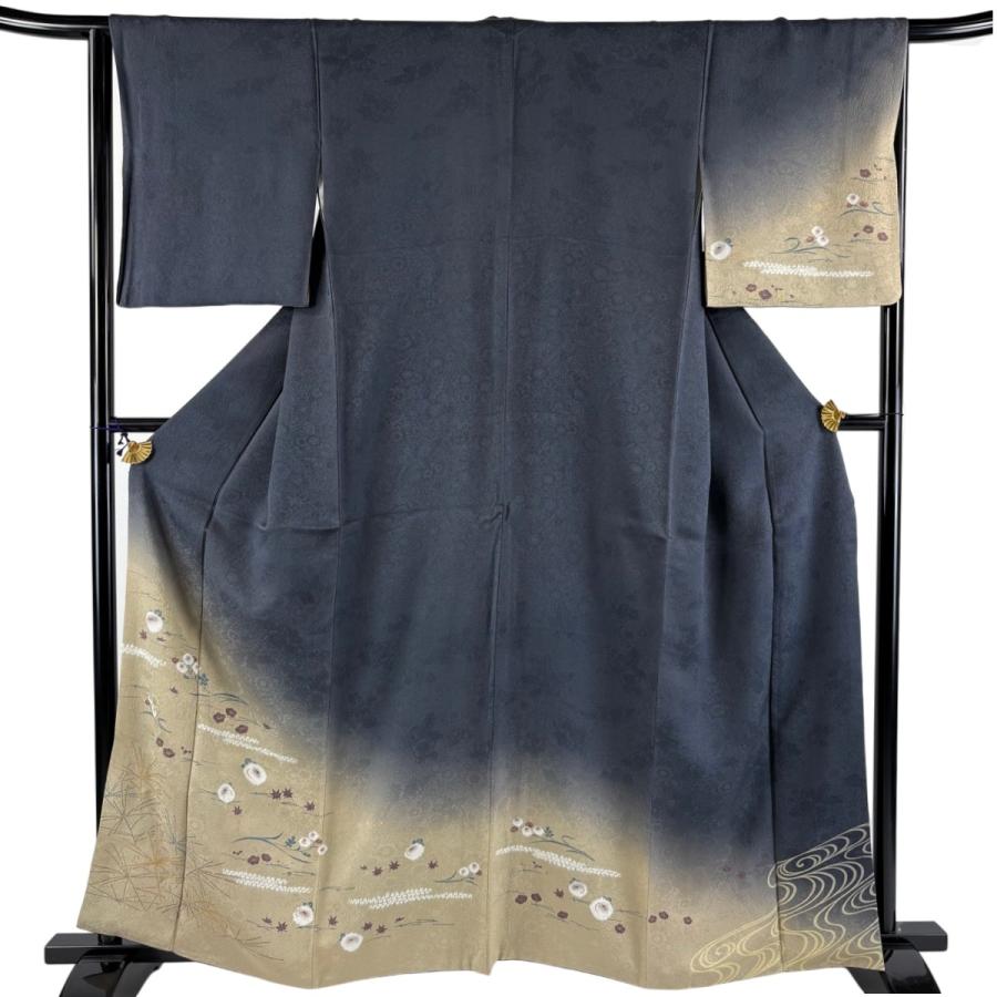 小紋 身丈158cm 裄丈64.5cm M 袷 葉 市松 縮緬 黒 正絹 秀品 中古 付 