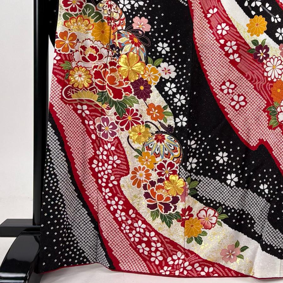 美品 振袖 身丈168cm 裄丈67cm M 袷 草花 手鞠 銀通し 金彩 黒 正絹 